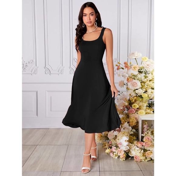 . Dresses & Skirts - Square neck Sleeveless High Waist A line Dress black